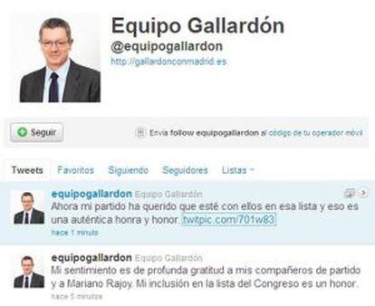 Captura del perfil de Twitter de Alberto Ruiz-Gallardón.