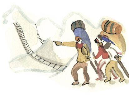 "Hacia el Everest" una de las acuarelas de la artista Laura Borràs que ilustran el libro "Krakauer esencial".