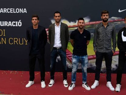Sergi Roberto, Busquets, Messi, Piqué y De Jong, en la inauguración del estadio Johan Cruyff.