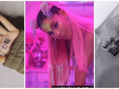 De izquierda a derecha, primer tatuaje, Ariana Grande en el videoclip de '7 rings' y el tatuaje rectificado.