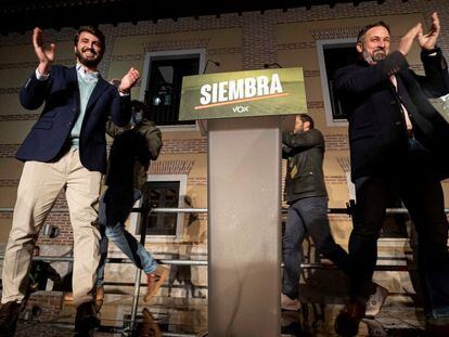 Juan García-Gallardo y Santiago Abascal celebran el resultado electoral de Castilla y León, en Valladolid el pasado 13 de febrero.