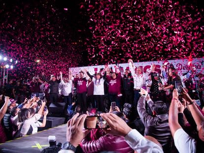 Delfina Gómez celebra su triunfo electoral en Toluca (Estado de México), el 4 de junio.