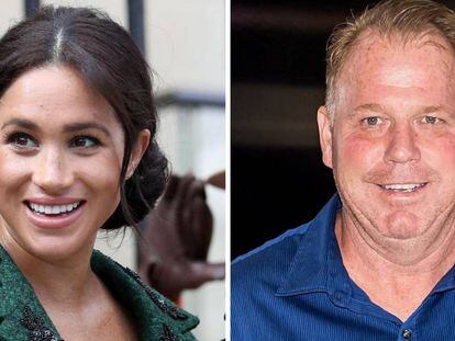 Meghan Markle en marzo en Londres y, a la derecha, Thomas Markle, en mayo en Filadelfia, EE UU.