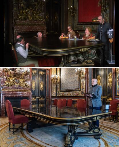 López Váquez, Luis Escobar, Amparo Soler Leal, Mary Santpere y José Lifante, en un plano de 'Patrimonio Nacional'. Debajo, Lifante recrea aquella escena