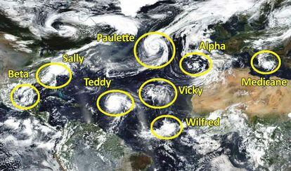 Imagen con los nombres de estructuras tropicales a fecha de 17-18 de septiembre de 2020.