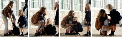 Combo de fotografías, de las infantas Leonor y Sofia, acompañadas por su madre la princesa Letizia, en el primer día de colegio de las Infantas, en el colegio Nuestra Señora de los Rosales, donde la infanta Sofia, protagonizó una anécdota al tropezar y caer al suelo, el 15 de septiembre de 2010.