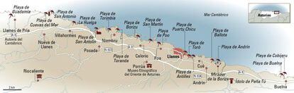 Mapa de las playas de Llanes, en Asturias.