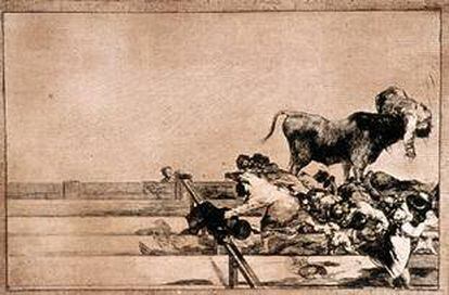 <i>Desgracias acaecidas en el tendido de la plaza de Madrid y muerte del alcalde de Torrejón, </i>Tauromaquia 21 de Goya, de 1816.