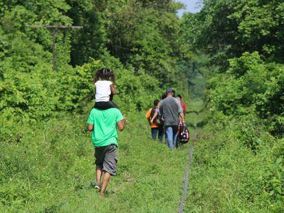 El grupo de migrantes caminando por las vías del tren en Chiapas (México).