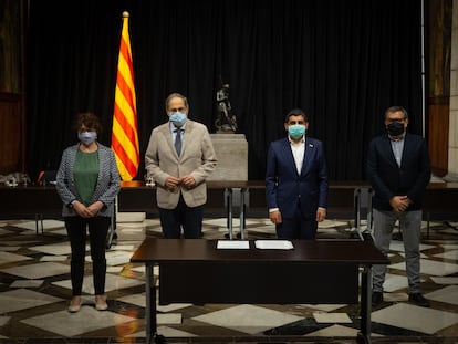 El presidente de la Generalitat, Quim Torra, durante la firma del Acuerdo por una Cataluña social.