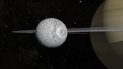 Recreación de la luna de Saturno Mimas, con su cráter gigantesco, que la asemeja a la Estrella de la Muerte, de la saga cinematográfica de 'Star Wars'.
