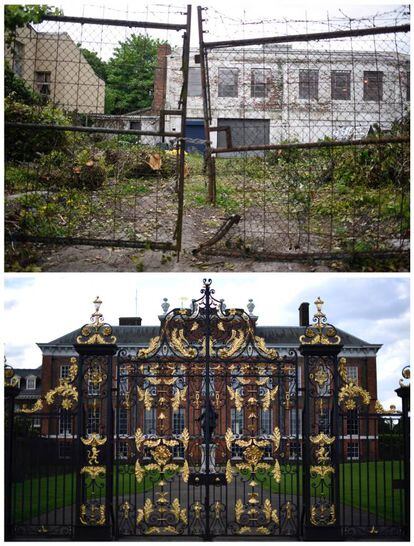 Un edificio abandonado en Kensington, Liverpool (arriba) el 18 de mayo de 2017 y el palacio de Kensington en Londres, el 3 de junio de 2017.