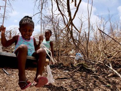Tiquania Lewis, de dos años y su hermana Tiquanisha, de cinco, juegan cerca de unos árboles derribados por el huracán Irma en la isla de Anguilla, en el Caribe, en septiembre de 2017.  