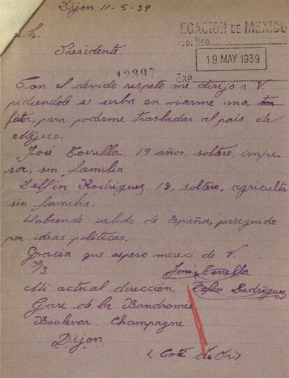 Carta en la que José Torrella, impresor, y Delfín Rodríguez, agricultor, solicitan viajar a México.