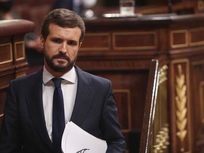 Pablo Casado tras su intervención durante la segunda sesión del pleno en el que se debatía la moción de censura planteada por Vox.