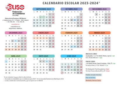 La Comunidad de Madrid no ha publicado el calendario oficial, este es el de la Federación de Enseñanza del sindicato Feuso.