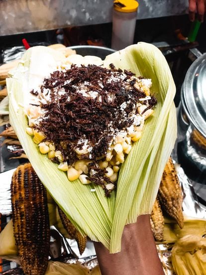 Esquites con chapulines (saltamontes fritos), un típico antojito mexicano. 