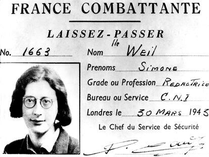 Pase de Simone Weil (1909-1943), cuando trabajaba para la resistencia francesa, expedido meses antes de su muerte.