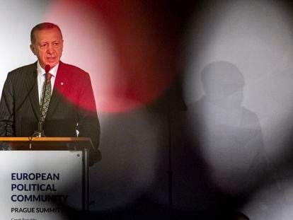 El presidente turco, Recep Tayyip Erdogan, en una conferencia de prensa el jueves en Praga.