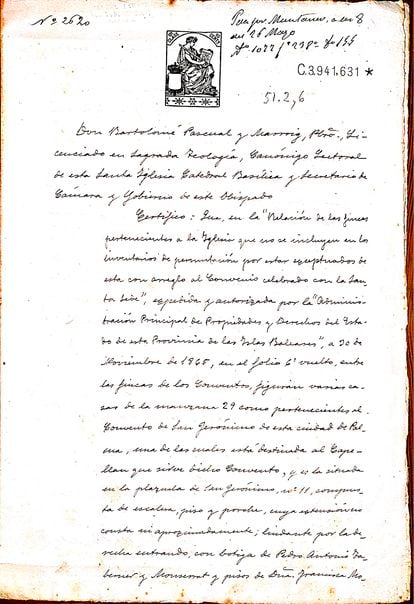 DOCUMENTO N 14 Certificac Obispo Campins 1913 inscrito en registro de la propiedad Palma.