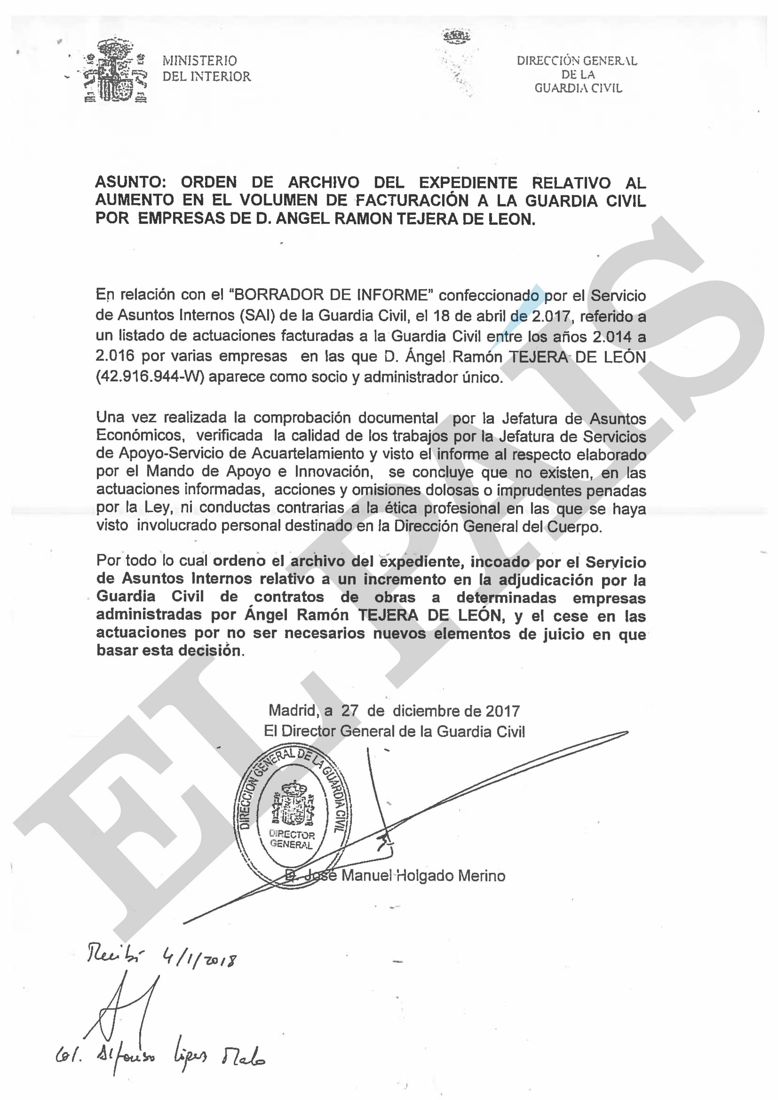 Orden del entonces director general de la Guardia Civil, José Manuel Hidalgo, ordenando en diciembre de 2017 el cese de la investigación sobre las irregularidades en obras y que se ha incorporado al 'caso Cuarteles'.
