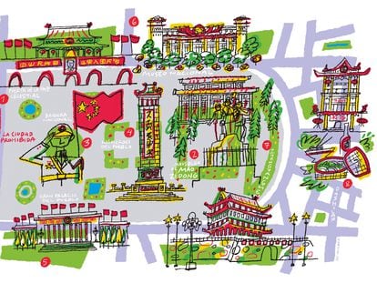 Ilustración con los principales lugares de la plaza de Tiananmén, en Pekín (China).