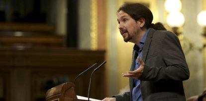 Pablo Iglesias en el Congreso de los Diputados durante la sesión de este martes.