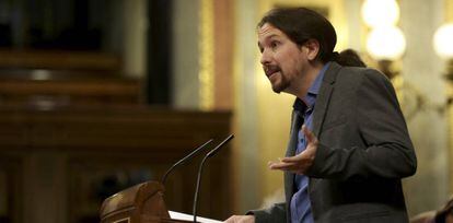 Pablo Iglesias en el Congreso de los Diputados durante la sesi&oacute;n de este martes. 