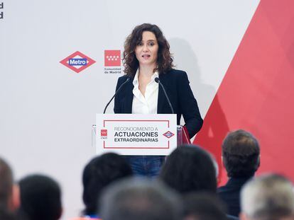 La presidenta de la Comunidad de Madrid, Isabel Díaz Ayuso, el lunes durante el acto de entrega de los galardones a los Héroes de Metro de Madrid.