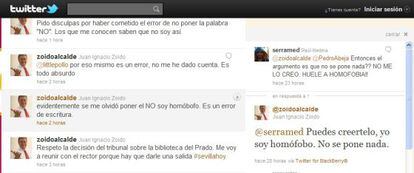 Twitter @zoidoalcalde con la respuesta que causó el revuelo y la rectificación.
