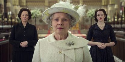 From left to right: Olivia Colman, Imelda Staunton and Claire Foy playing Queen Elizabeth II at different stages of her life in the final episode of the series 'The Crown'.
