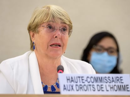 La alta comisionada de las Naciones Unidas para los derechos humanos, Michelle Bachelet, en su intervención durante una sesión especial de urgencia del Consejo de Derechos Humanos de la ONU, este martes en Ginebra.