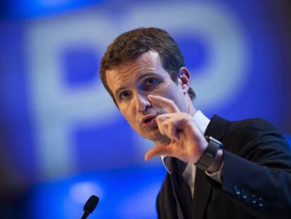 Pablo Casado durante su primer discurso como presidente del Partido Popular.