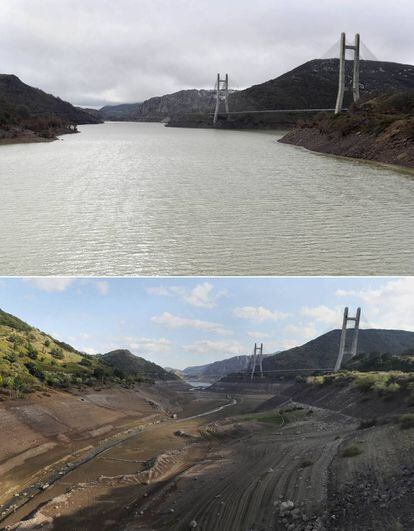 El embalse leonés de Barrios de Luna, el 31 de agosto (cuando estaba al 7%) y ayer (casi al 60%).