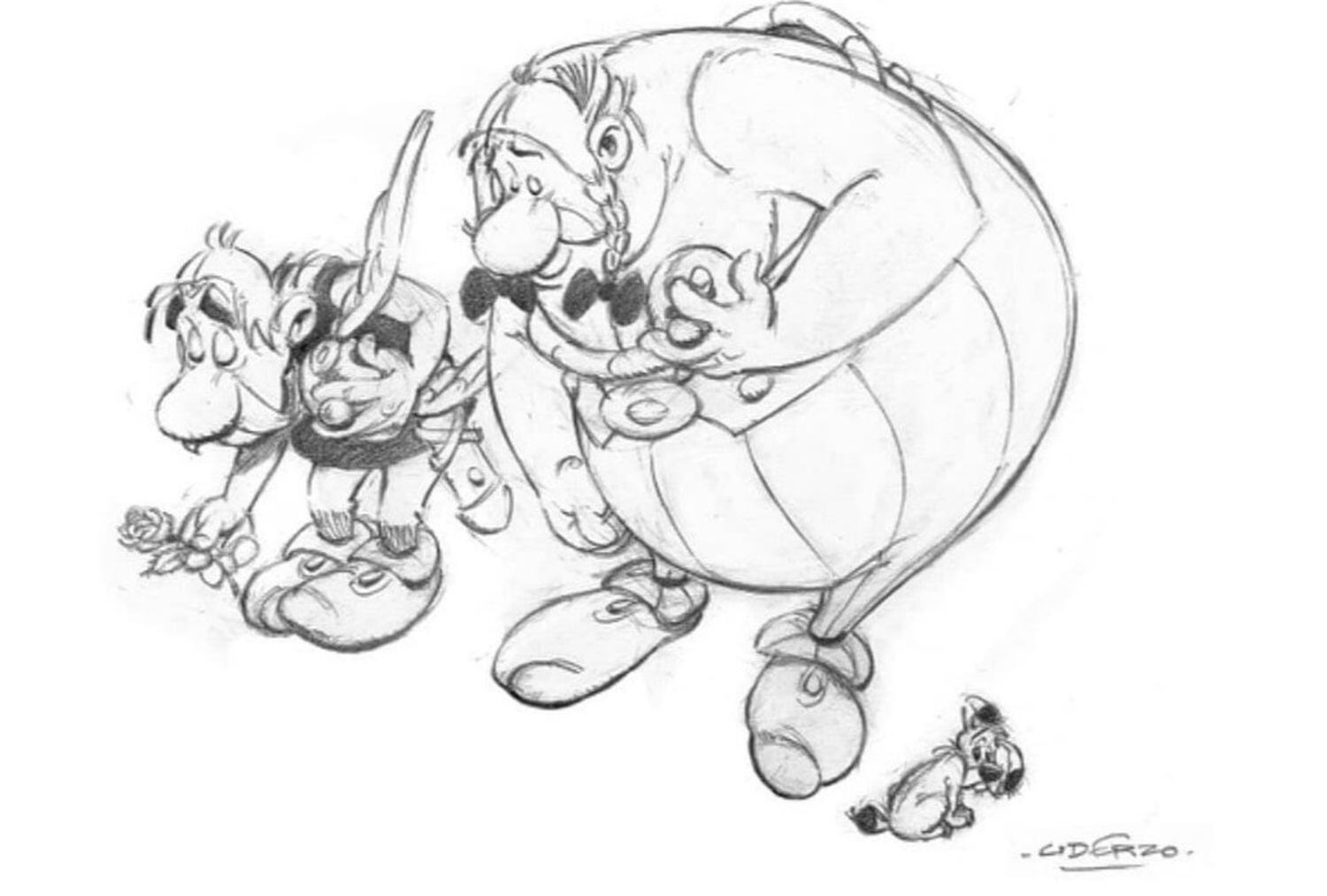 El dibujo con el que Albert Uderzo homenajeó a René Goscinny tras su fallecimiento.