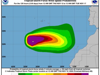 Trayectoria de la tormenta tropical Theta, según el último aviso del NHC.