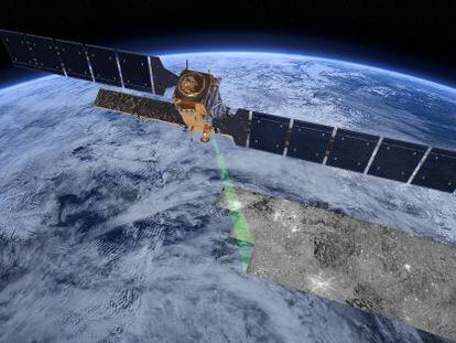 Ilustraci&oacute;n del sat&eacute;lite europeo `Sentinel 1`, haciendo el barrido de radar sobre la superficie terrestre.