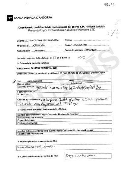 Cuestionario confidencial que rellenó la supervisora de PDVSA Ingrid Sánchez González al abrir su cuenta en la Banca Privada d'Andorra (BPA) el 4 de marzo de 2008.