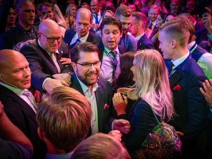 El líder del partido Demócratas de Suecia, Jimmie Akesson, durante la noche electoral en Estocolmo, Suecia,al pasado lunes.