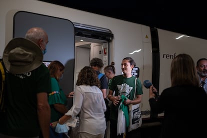 Un grupo de manifestantes se sube al tren extremeño en la estación de Badajoz para completar la ruta Badajoz - Madrid y unirse a la concentración convocada en Madrid por un tren digno.