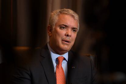 President Iván Duque, during an interview in Brussels, on February 14.
