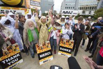 Activistas y apicultores manifiest&aacute;ndose ayer para pedir a la Uni&oacute;n Europea que apruebe el veto a los pesticidas que amenazan a las abejas, en Bruselas (B&eacute;lgica).