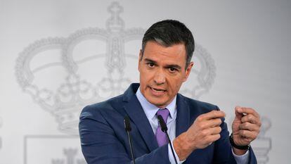 Pedro Sánchez, durante la rueda de prensa posterior al Consejo de Ministros extraordinario en La Moncloa, el sábado pasado.