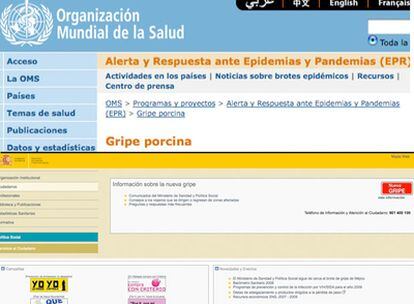 Arriba, imagen de hoy de la web de la OMS en el que se denomina a la enfermedad como "gripe porcina". Abajo, captura de la web del Ministerio español de Sanidad, en el que se la denomina como "nueva gripe".