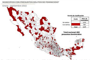 Mapa de los municipios en México donde se registran feminicidios de enero a septiembre de 2022. 