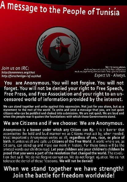 Cartel colgado en inglés por Anonymous en las webs públicas tunecinas atacadas a petición de los jóvenes internautas.