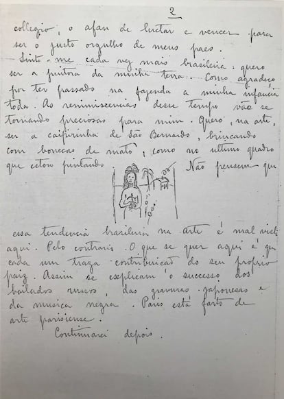 La carta en la que Tarsila cuenta a su familia desde París que está pintando la obra ahora a la venta.