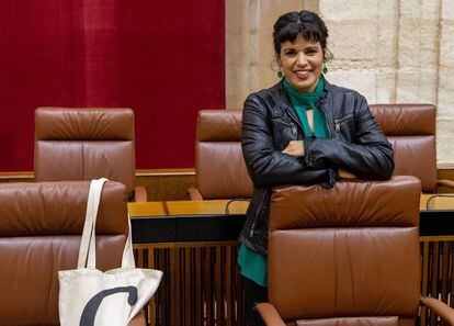 The president of the Adelante Andalucía parliamentary group, Teresa Rodríguez, in her seat of the Andalusian Parliament in Seville.