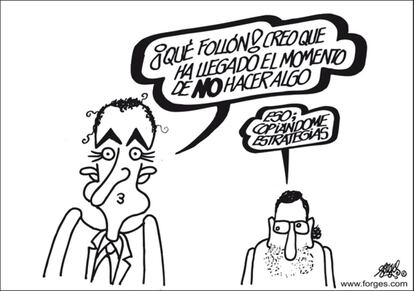 L'humorista gràfic sempre ha ofert la seva interpretació del moment polític. En aquest dibuix, publicat el 2010, dos anys després que esclatés la crisi econòmica, critica amb humor la inacció del Govern espanyol, encapçalat per Zapatero, i de l'oposició.
