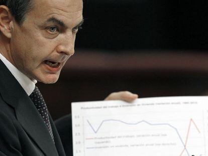 Zapatero muestra un gráfico sobre la crisis durante el debate.